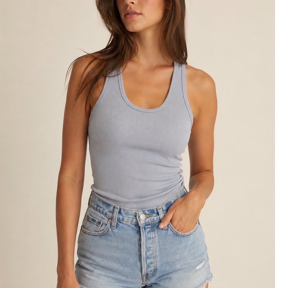 Faherty Featherweight Freestyle Tank‎ Light Blue Ribbed XXS Cotton Stretch